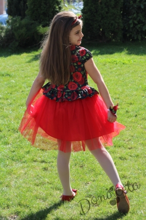 Official children's short-sleeved dress in black  with roses