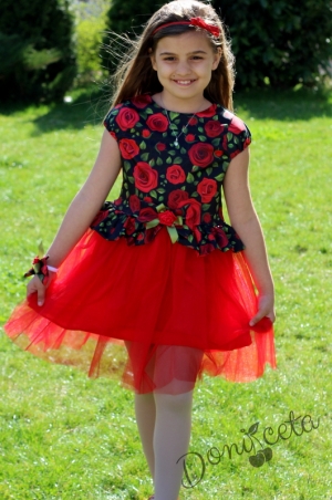 Official children's short-sleeved dress in black  with roses