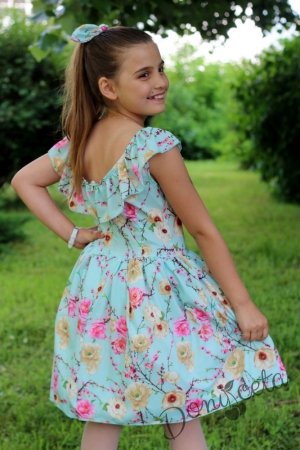 Summer children's dress in turquoise with flowers