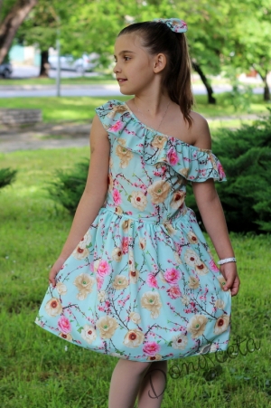 Лятна детска рокля в тюркоаз/мента на цветя