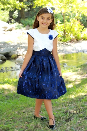 Официална детска рокля в тъмносиньо и бяло с къс ръкав Катеринка 256