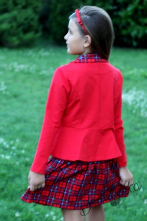 Детски комплект за момиче от карирана пола и сако в червено и каре 10