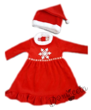 Коледна детска/бебешка плюшена рокля с шапка в червено