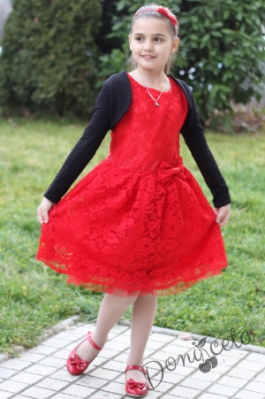 Официална детска дантелена рокля в червенo с болеро