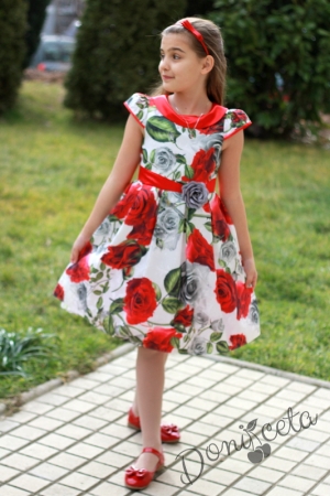 Официална детска рокля в черно с червени рози в червено и черно