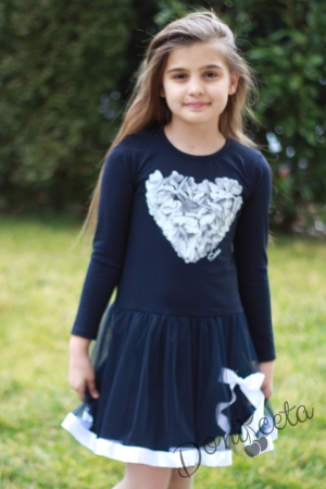 Детска рокля с дълъг ръкав в тъмносиньо със сърце Тихомирка