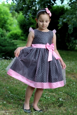 Официална детска рокля Мина в сиво и розово с тюл на точки