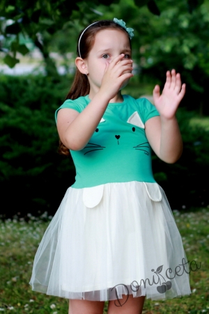 Детска рокля с къс ръкав в тюркоаз/мента и бяло