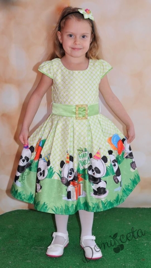 Официална детска рокля в зелено с панди