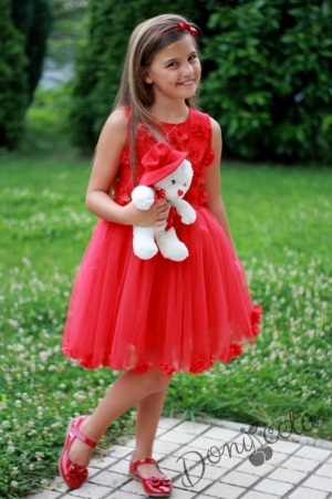 Официална детска рокля в червено без ръкав с 3D розички и голяма панделка отзад