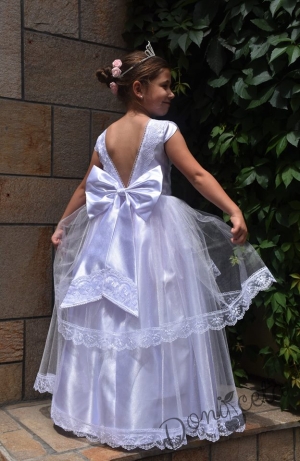 Официална детска дълга рокля в бяло с гол гръб-212БГГ