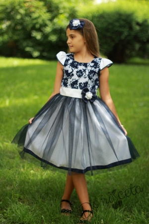 Официална детска рокля  с дантела и тюл в  тъмносиньо и бяло Ларина