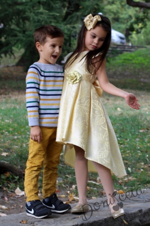 Официална детска рокля в златисто с голяма панделка отзад Златистин