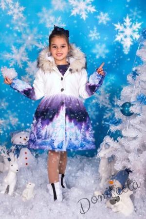 Комплект от детска  рокля  с дълъг ръкав с палто с качулка и зимна приказка