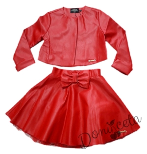 Комплект от 3 части-детска кожена пола  в червено, блузка в бяло и кожено яке