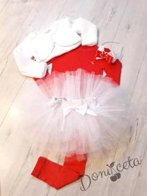 Комплект от 5 части-детска туту пола пачка в бяло, блузка в червено и пухкаво болеро в бяло