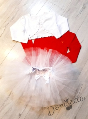 Комплект от 3 части-детска туту пола пачка в бяло, блузка в червено и памучно болеро в бяло