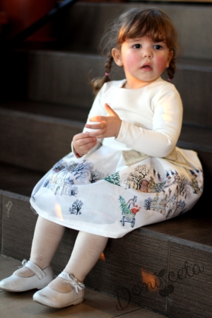 Детска рокля с дълъг ръкав в екрю със зимна картинка
