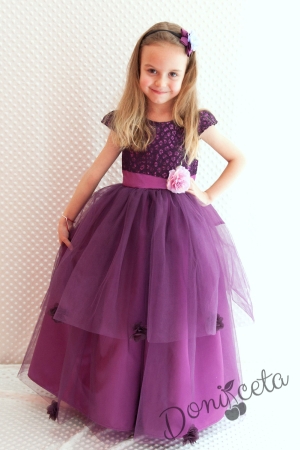 Официална детска дълга рокля  Лея в лилаво с дантела и 3D цветя 278ЛТД