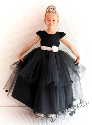Официална детска дълга рокля Златина в черно с голяма панделка отзад 278ЧБТД