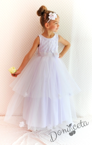 Официална детска дълга рокля Златина в бяло с дантела и тюл и без ръкав 278БТД