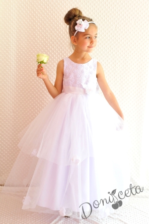 Официална детска дълга рокля Златина в бяло с дантела и тюл и без ръкав 278БТД