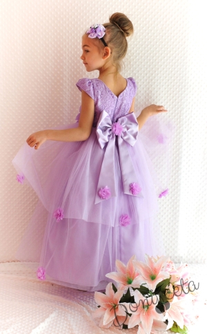 Официална детска дълга рокля Златина в лилаво с 3D цветя