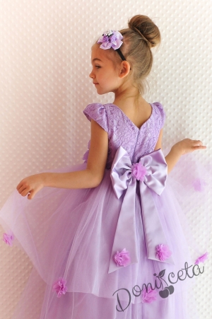 Официална детска дълга рокля Златина в лилаво с 3D цветя