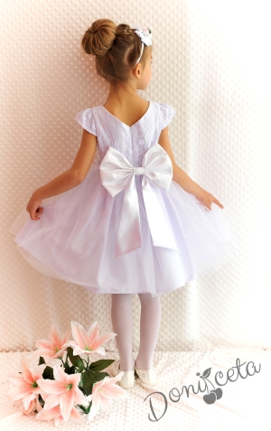 Официална детска рокля в бяло Златина от дантела и тюл за шаферка или кръщене с голяма панделка 278БТ