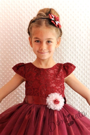 Официална детска рокля Златина в бордо дантела и тюл и 3D рози 278ВТ