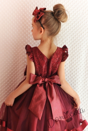 Официална детска рокля Златина в бордо дантела и тюл и 3D рози 278ВТ