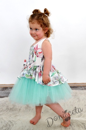 Официална детска рокля Надежда на цветя с тюл в тюркоаз/мента