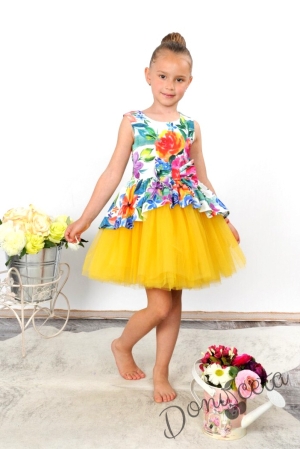 Празнична детска рокля Надежда на цветя с тюл в жълт цвят