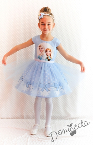 Официална детска рокля  с тюл в светлоосиньо с Анна и Елза от Замръзналото кралство