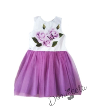 Официална детска рокля в лилаво с цветя и тюл