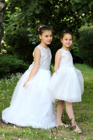 Официална детска рокля с тюл в бяло и сребристо Гълъбина
