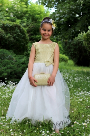 Официална дълга детска рокля в бяло и златисто 