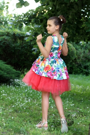 Детска рокля на цветя Надежа с тюл в цвят малина