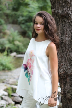 Комплект от летен панталон за момиче в бяло с туника с орхидеи