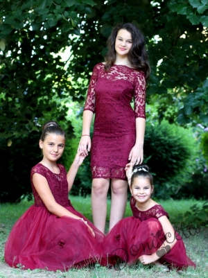 Официална детска рокля в бордо Борислава от дантела и тюл от колекция "Майки и дъщери"