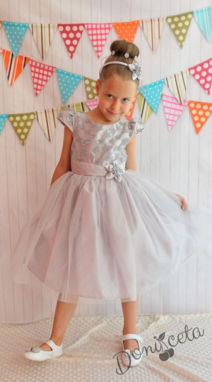 Официална детска рокля в сиво с 3D цветя и тюл