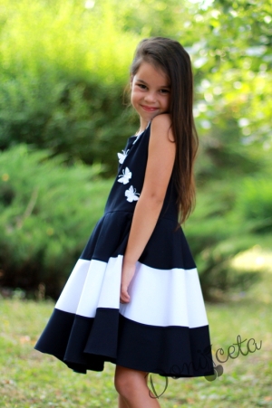 Официална детска рокля в тъмносиньо с 3D пеперуди тип клош в бяло Оля 4