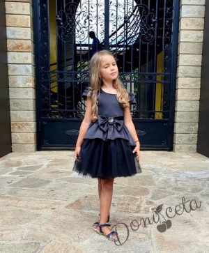Официална детска рокля в черно с тюл и сатен с къс ръкав  Надежда