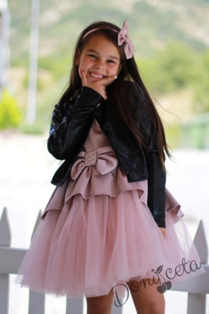 Комплект от официална детска рокля  Надежда от  сатен в пепел от рози с тюл и сако 1