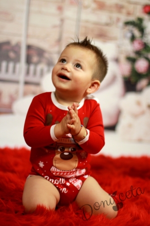 Коледно бебешко боди в червено с дълъг ръкав с еленче