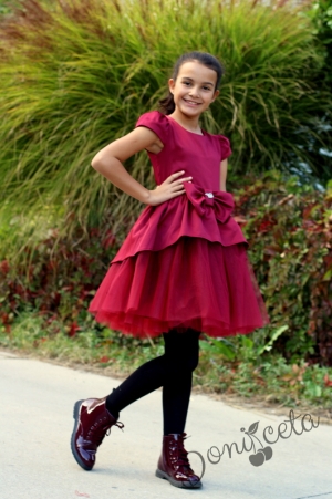 Официална детска рокля в бордо и тюл Надежда от сатен 