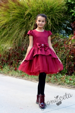 Официална детска рокля в бордо и тюл Надежда от сатен 