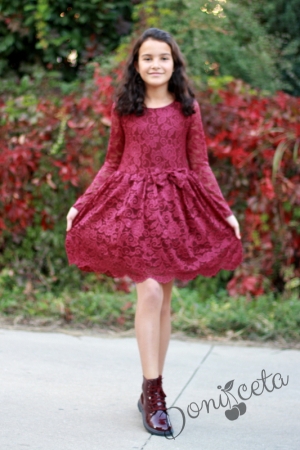 Официална детска рокля с дълъг ръкав в дантела в бордо 59891