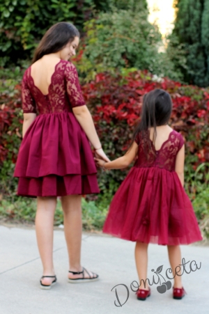 Официална детска рокля  с 7/8 ръкав в бордо от колекция Майки и дъщери