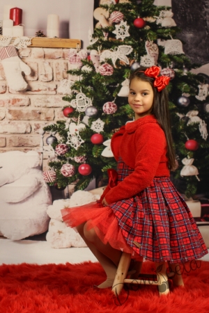 Официална детска рокля в каре с дълъг ръкав с пухкаво болеро в червено 3